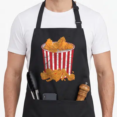 Costume chicken apron - Distressed red white striped bucket with orange french fries scattered at base — shown on a black cotton canvas apron against a white background
