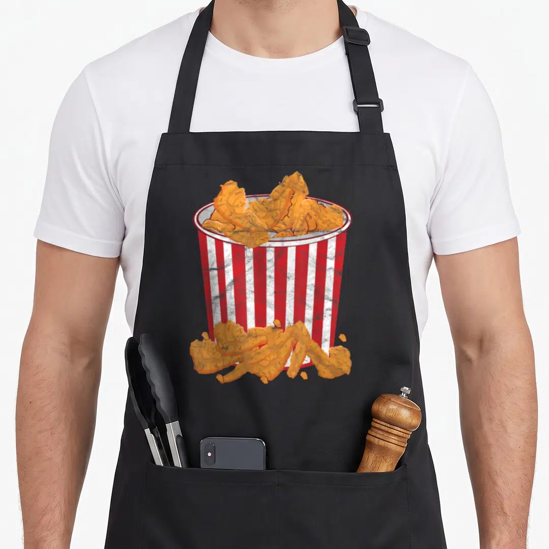 Costume chicken apron - Distressed red white striped bucket with orange french fries scattered at base — shown on a black cotton canvas apron against a white background