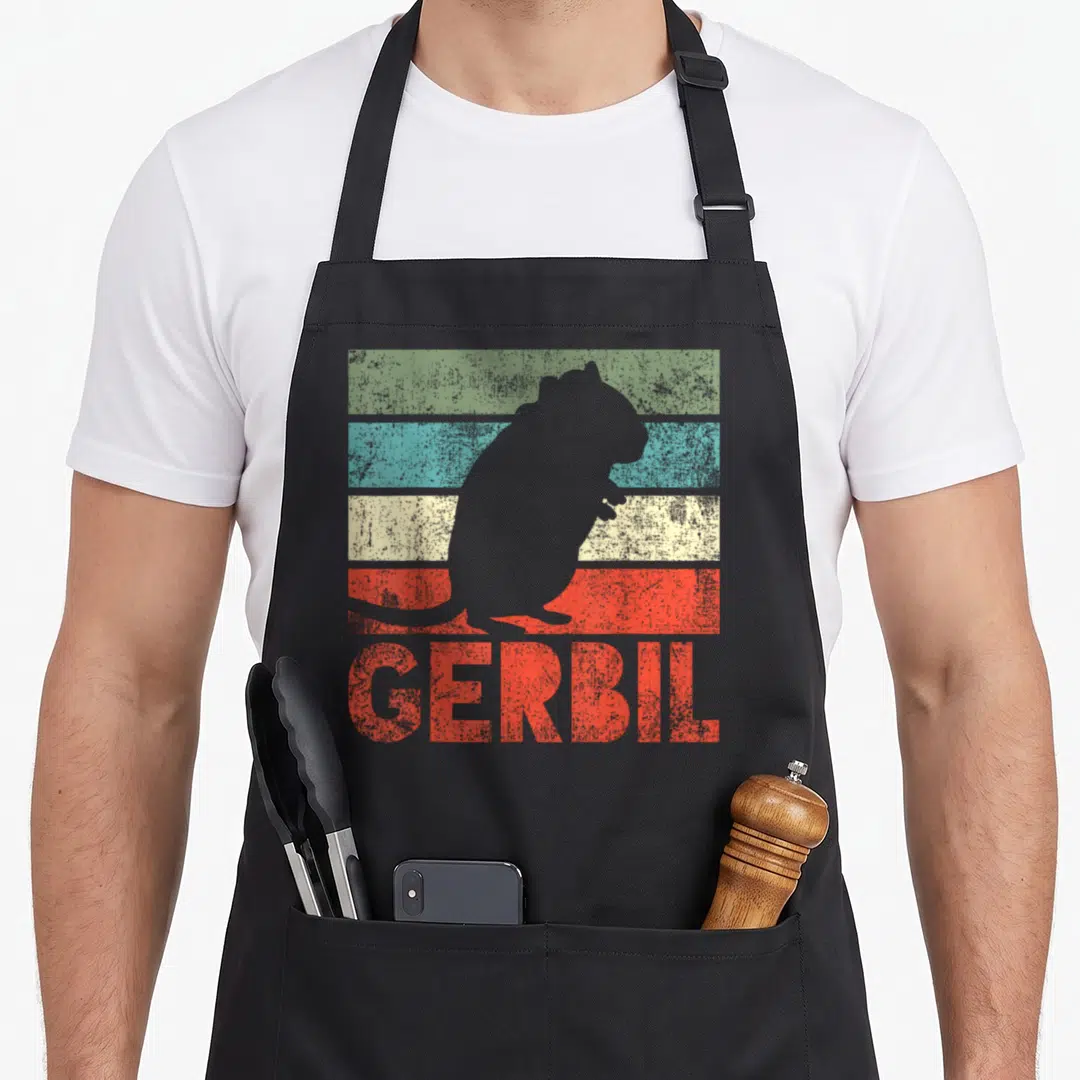 Funny crazy gerbil man apron - Grey gerbil silhouette over four colored stripes with red GERBIL text — shown on a black cotton canvas apron against a white background