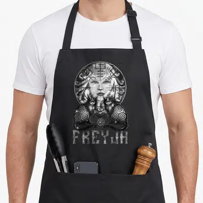 Freyja cat apron - Circular portrait of Freyja with runes and two cats sitting below her chin in grey and black — shown on a black cotton canvas apron against a white background