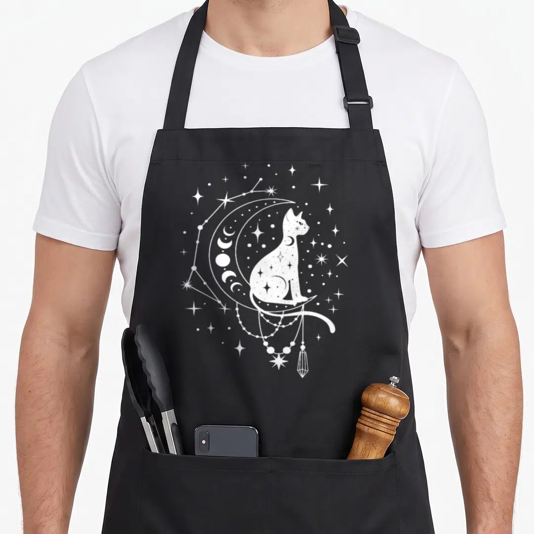 Star cat apron - White line-art cat on crescent moon with stars, constellations, beads, and hanging crystal — shown on a black cotton canvas apron against a white background