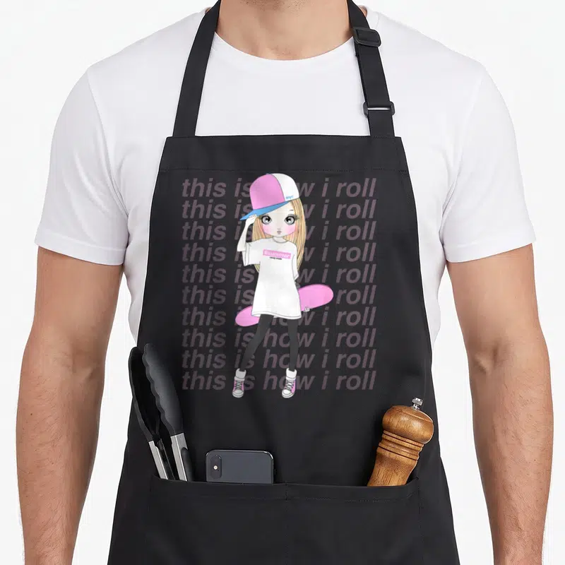 Skateboard skater apron - Cartoon girl holding pink skateboard with #nyc #summer text on grey background — shown on a black cotton canvas apron against a white background