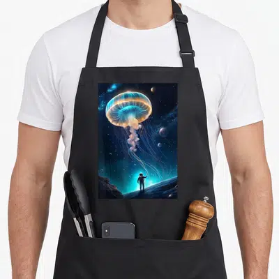 Trippy crazy jellyfish man apron - Glowing jellyfish and astronaut in starry space with cyan orange blue colors — shown on a black cotton canvas apron against a white background
