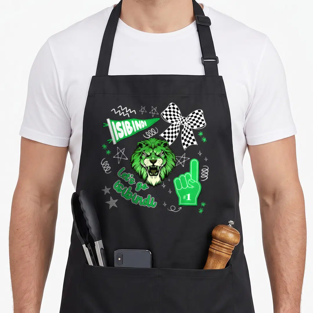 Cheering school apron - Green lion head with ISIBINDI pennant checkered bow and foam finger #1 — shown on a black cotton canvas apron against a white background