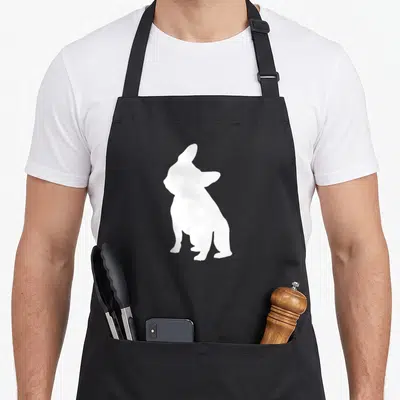 Tilt french bulldog apron - White rabbit silhouette centered on grey background, minimalist art style — shown on a black cotton canvas apron against a white background
