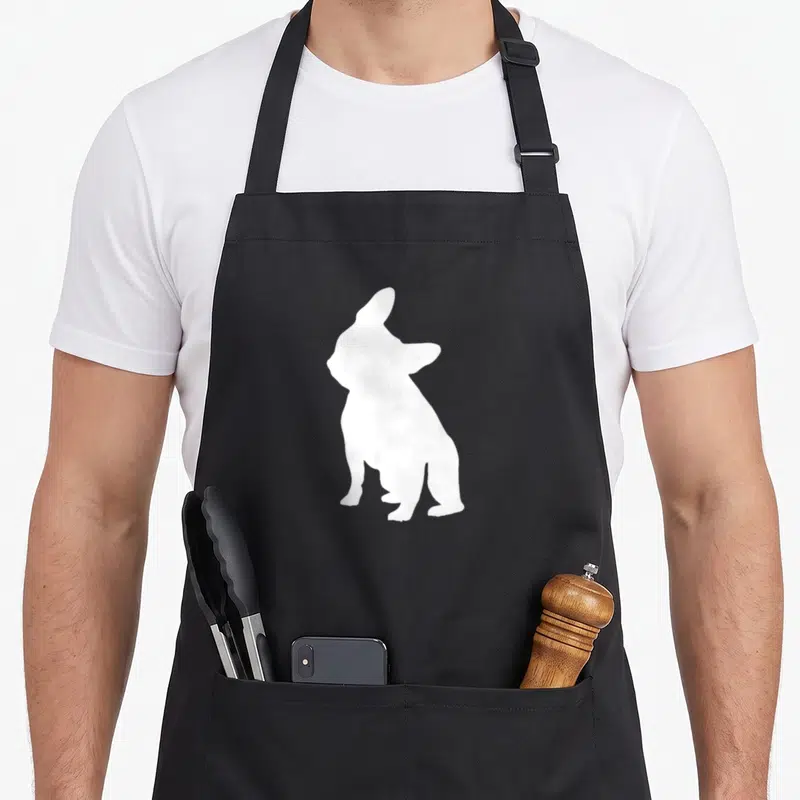 Tilt french bulldog apron - White rabbit silhouette centered on grey background, minimalist art style — shown on a black cotton canvas apron against a white background