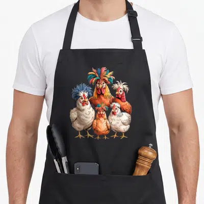 Family colorful chicken apron - Five chickens with colorful crests in white, orange, red, and blue clustered together — shown on a black cotton canvas apron against a white background