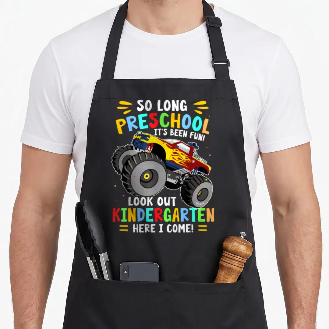 Preschool graduation truck apron - Monster truck graphic with So Long Preschool It's Been Fun! and Look Out — shown on a black cotton canvas apron against a white background