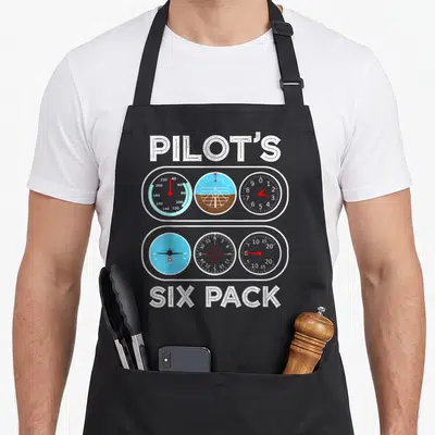 Flight airplane apron - Six circular flight instruments in two rows with PILOT'S SIX PACK text in white blue brown — shown on a black cotton canvas apron against a white background