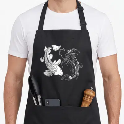 Yin fish apron - Two white koi fish in a circular yin-yang line art pattern on a black background — shown on a black cotton canvas apron against a white background