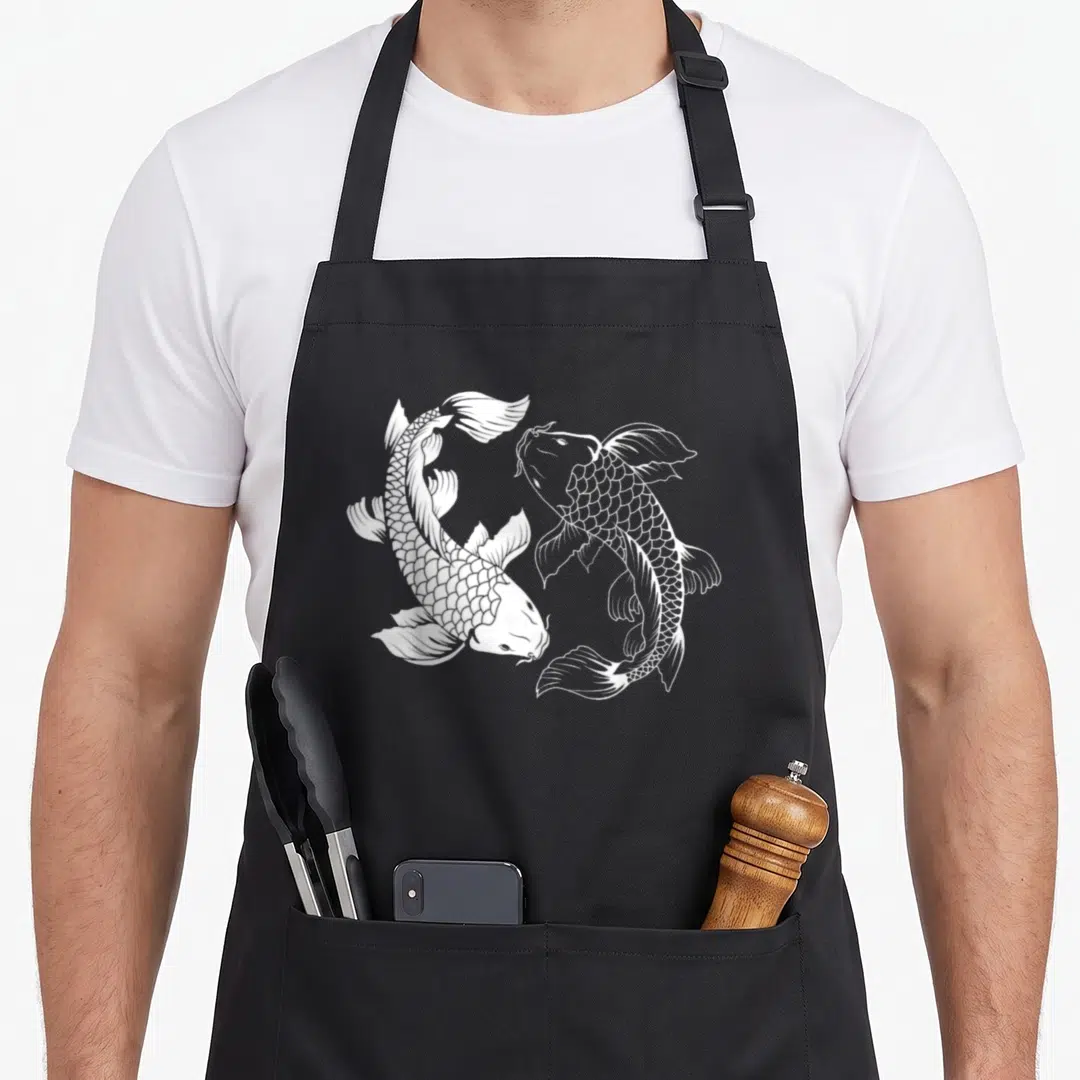 Yin fish apron - Two white koi fish in a circular yin-yang line art pattern on a black background — shown on a black cotton canvas apron against a white background