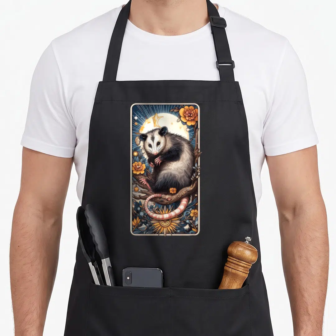 Opossum cottagecore apron - Line art of an opossum on a branch with moon, sun, flowers, and stars in blue and orange — shown on a black cotton canvas apron against a white background