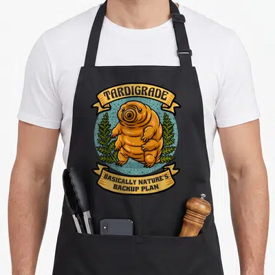 Nature microbiologist apron - Cartoon tardigrade inside blue circle with yellow ribbons reading basically nature's — shown on a black cotton canvas apron against a white background