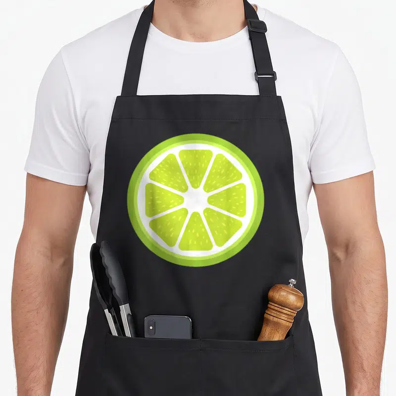 Sliced fruit apron - Circular lime slice in green and white with segmented pulp and rind — shown on a black cotton canvas apron against a white background