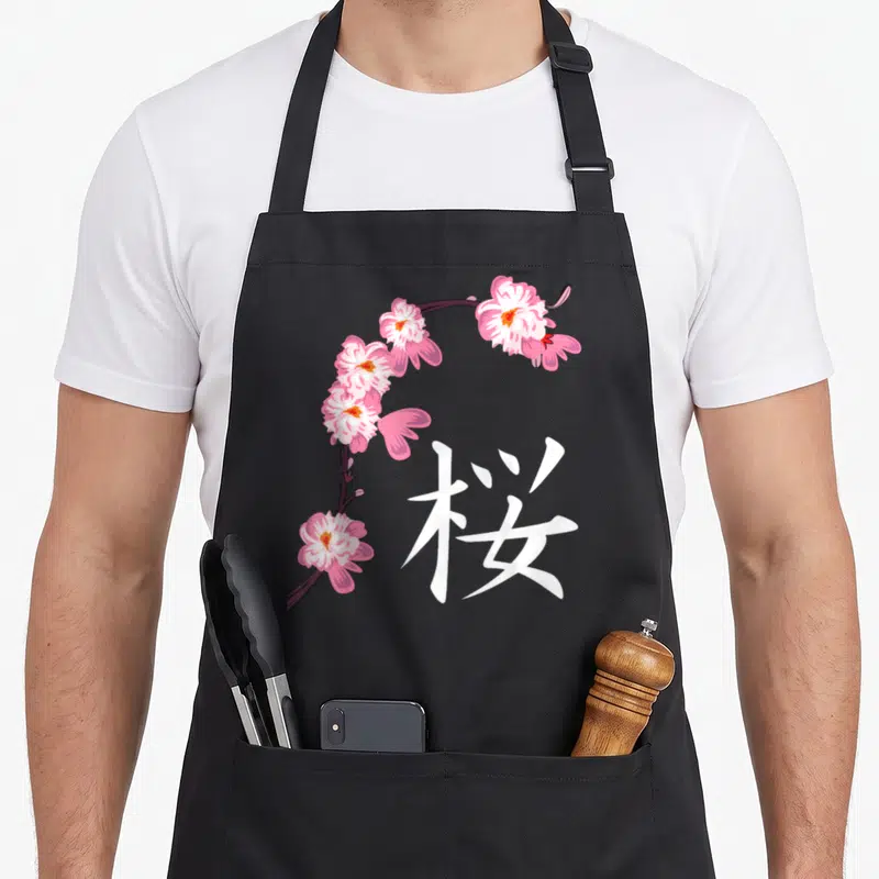 Festival cherry apron - Pink and white cherry blossom branch curving beside a large white kanji character on black — shown on a black cotton canvas apron against a white background