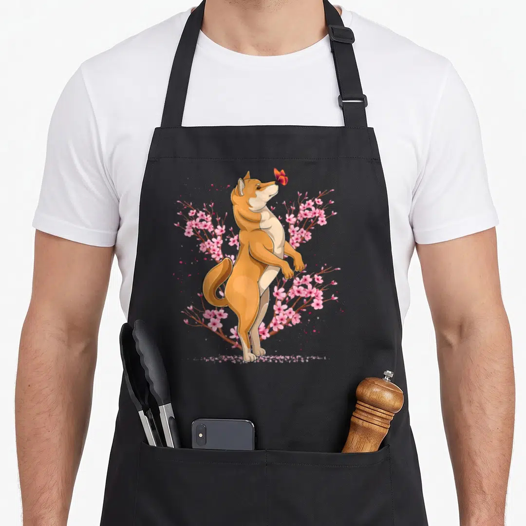 Shiba cherry print apron - Cartoon tan dog facing right with butterfly on nose surrounded by pink cherry blossom — shown on a black cotton canvas apron against a white background