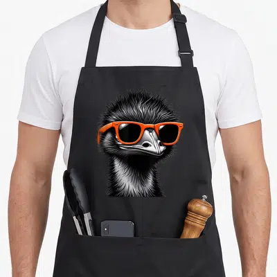 Emu sunglass bird apron - Realistic black white emu head illustration wearing bright orange sunglasses — shown on a black cotton canvas apron against a white background