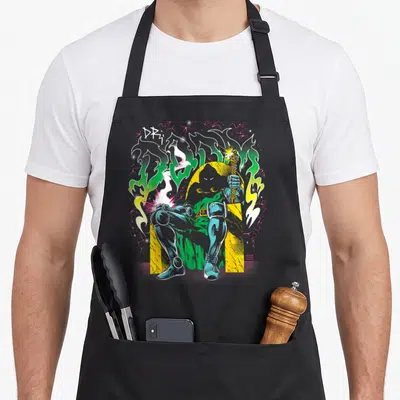 Fantastic dr apron - Character on throne holding scepter with text DIRTY ROTTEN SCOUGS in green yellow blue white — shown on a black cotton canvas apron against a white background