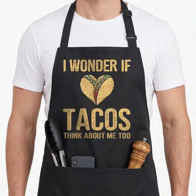 Wonder taco food aprons - Two tacos forming a heart shape with I WONDER IF TACOS THINK ABOUT ME TOO text — shown on a black cotton canvas apron against a white background