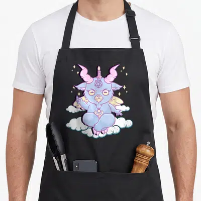 Baphomet anime cooking apron - Cartoon Baphomet in light blue pink white sitting on clouds with candle between horns — shown on a black cotton canvas apron against a white background