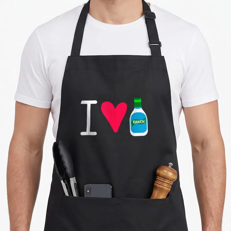 Ranch dressing apron - White I letter, pink heart, and blue ranch bottle in cartoon style — shown on a black cotton canvas apron against a white background