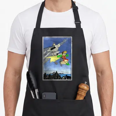 Robin duo animal apron - Batman and Robin flying above city skyline in cartoon style with blue grey red yellow colors — shown on a black cotton canvas apron against a white background