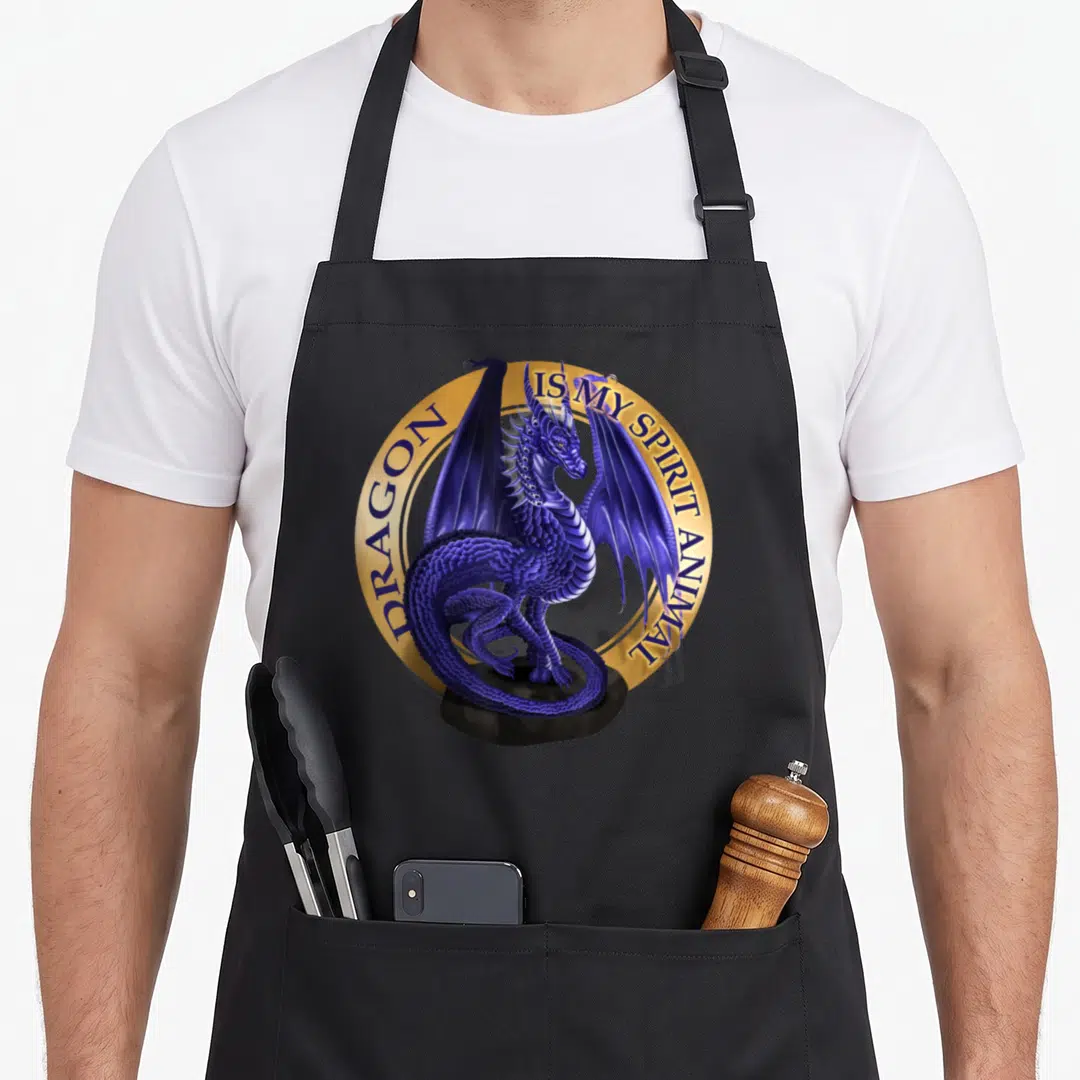 Animal dragon apron - Realistic purple dragon standing on black rock within gold circle containing printed text — shown on a black cotton canvas apron against a white background