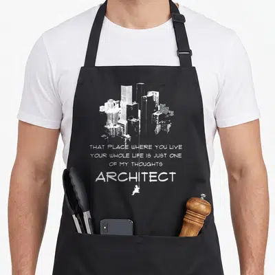 Architecture definition architect apron - Grey minimalist cityscape with white stacked text and a tiny figure hanging — shown on a black cotton canvas apron against a white background