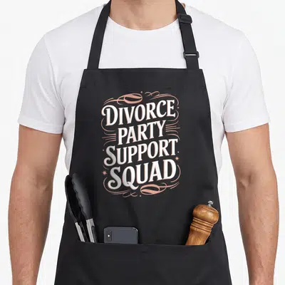 Husband i love my wife apron - White stacked text reading DIVORCE PARTY SUPPORT SQUAD with peach swirls and stars — shown on a black cotton canvas apron against a white background