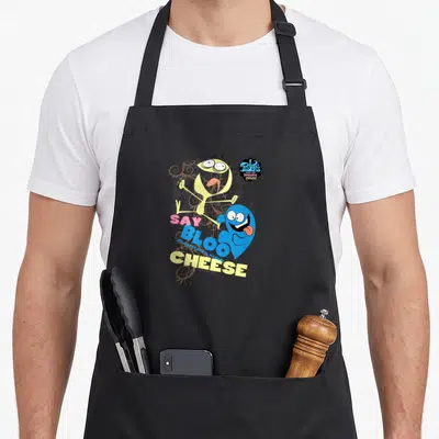 Imaginary friends apron - Stacked pink Say blue Bloo and yellow Cheese text around a blue blob character with brown — shown on a black cotton canvas apron against a white background