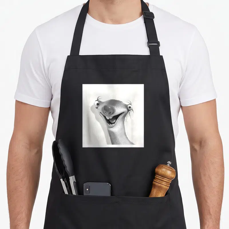 Ice sloth apron - Cartoon sloth head with wide smile inside white square frame grey white black — shown on a black cotton canvas apron against a white background