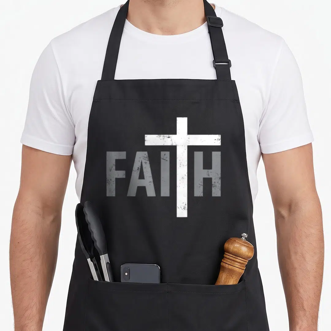 Christ cross apron - White cross forming the T in FAITH text on grey background — shown on a black cotton canvas apron against a white background