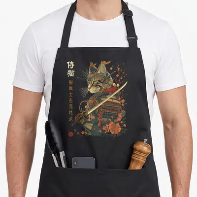 Cute samurai cat apron - Armored cat holding katana with Japanese text and orange flowers on grey background — shown on a black cotton canvas apron against a white background