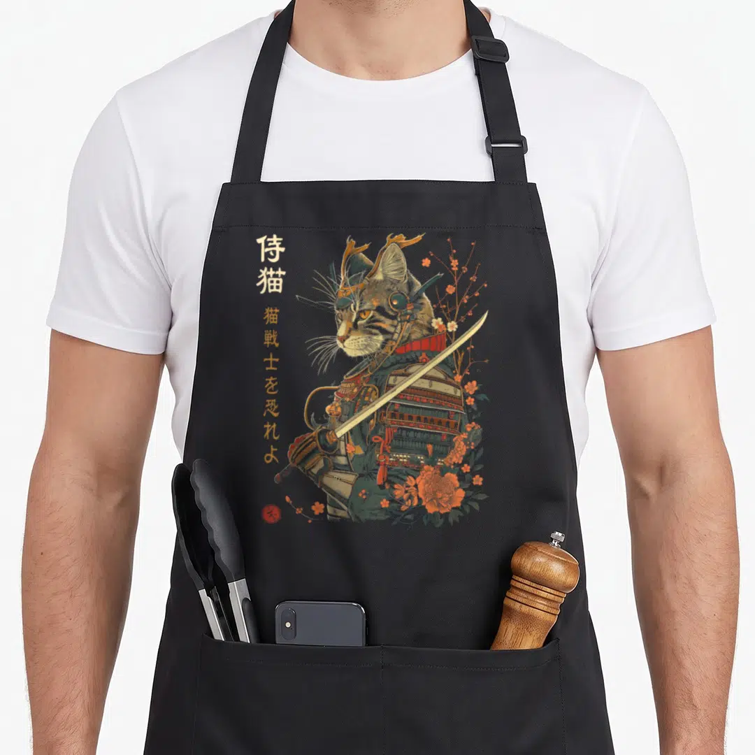 Cute samurai cat apron - Armored cat holding katana with Japanese text and orange flowers on grey background — shown on a black cotton canvas apron against a white background