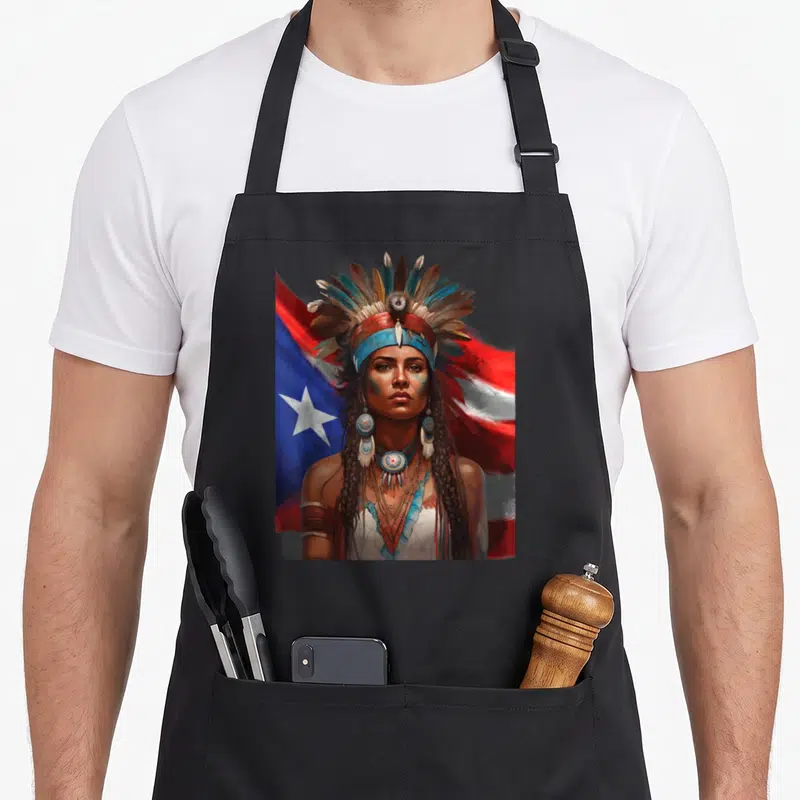 Indigenous rican apron - Realistic woman facing forward with feathered headdress and red blue flag background — shown on a black cotton canvas apron against a white background
