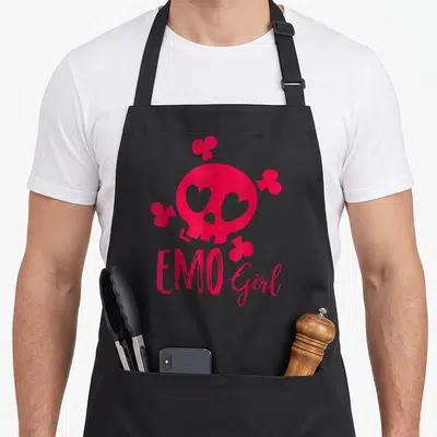 Emotional goth apron - Red cartoon skull with heart eyes, four club symbols, and EMO Girl text below — shown on a black cotton canvas apron against a white background