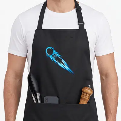 Meteorite asteroid apron - Blue cartoon comet with trailing tail on grey background — shown on a black cotton canvas apron against a white background