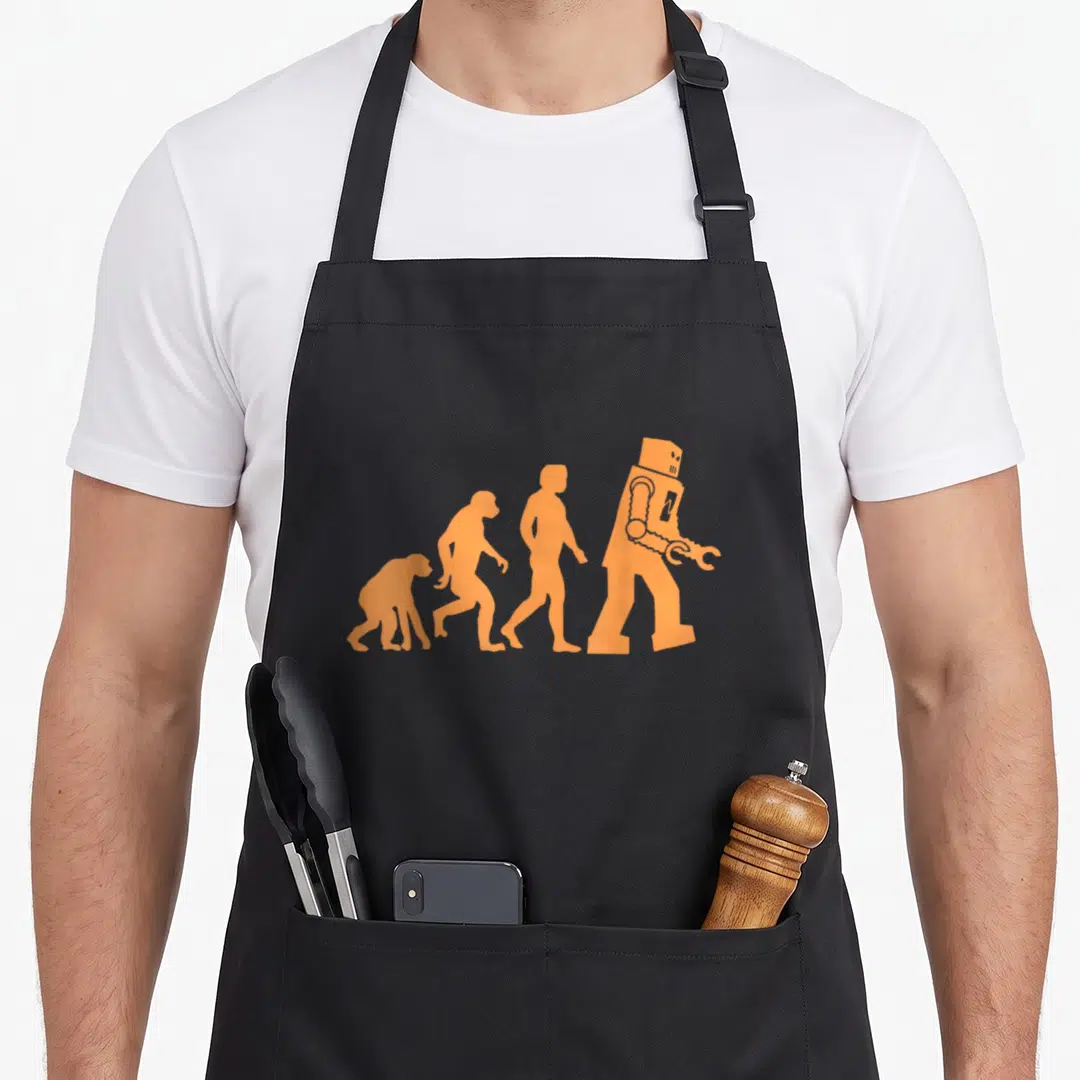 Prehistoric ape apron - Four orange silhouettes evolving from ape to robot holding a wrench — shown on a black cotton canvas apron against a white background