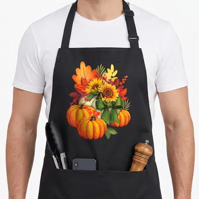 Holiday fall aprons - Watercolor cluster of orange pumpkins, yellow sunflowers, red leaves, and green ribbon bow — shown on a black cotton canvas apron against a white background