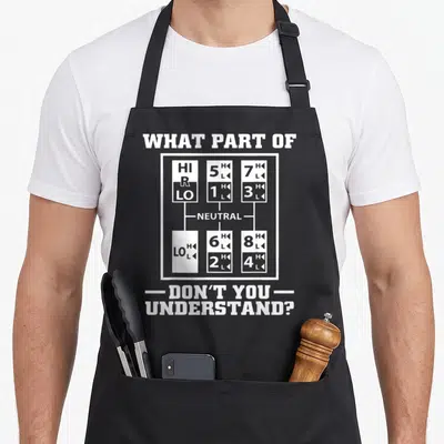 Rig driver truck apron - White gear shift diagram with text WHAT PART OF DON'T YOU UNDERSTAND? — shown on a black cotton canvas apron against a white background