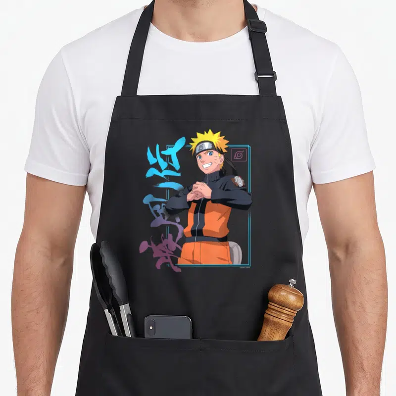 Shippuden colorful apron - Cartoon ninja in orange jacket framed by blue lines and purple abstract shapes — shown on a black cotton canvas apron against a white background