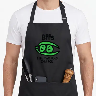 Bff pod aprons - Green pea pod with two smiling peas and BFFs text in black — shown on a black cotton canvas apron against a white background