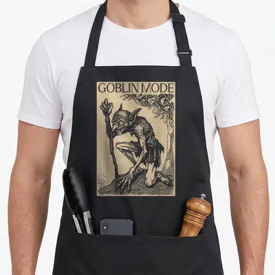 Goblin medieval apron - GOBLIN MODE text above a goblin holding a staff in greyish-brown line art on beige — shown on a black cotton canvas apron against a white background