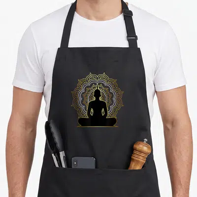 Spiritual meditation buddhist apron - Black Buddha silhouette centered on a gold and white mandala pattern — shown on a black cotton canvas apron against a white background