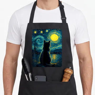 Cat starry van gogh apron - Black cat silhouette facing away under swirling blue and yellow night sky with spire — shown on a black cotton canvas apron against a white background