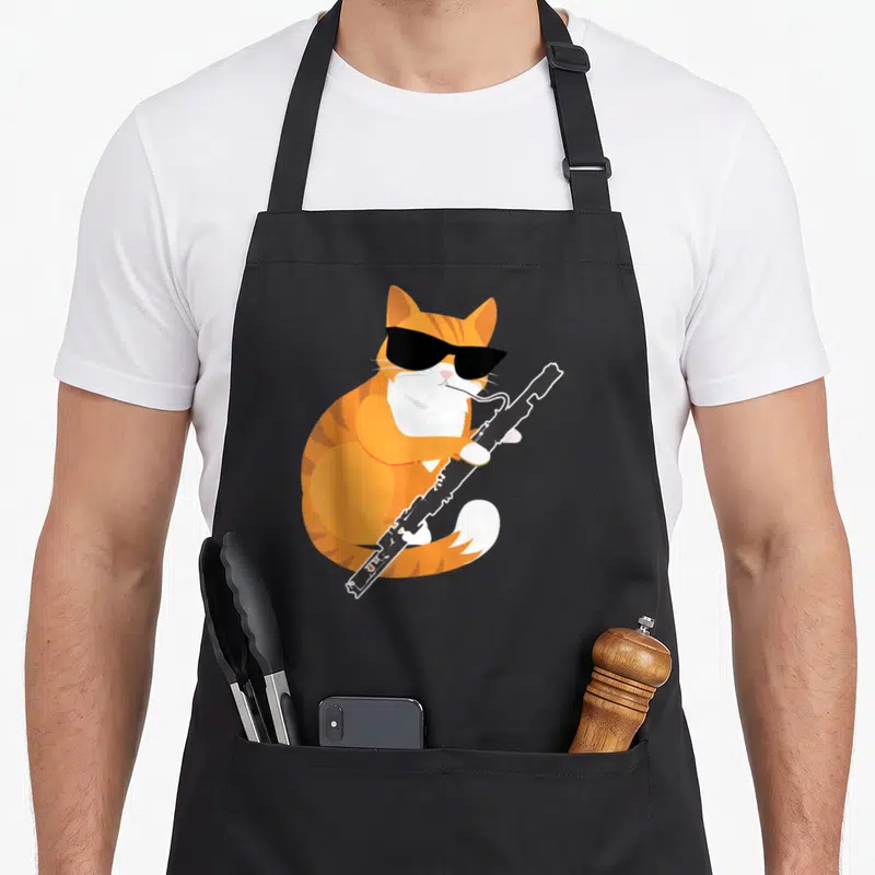 Musical cat apron - Orange tabby cat wearing black sunglasses playing a black clarinet in cartoon style — shown on a black cotton canvas apron against a white background
