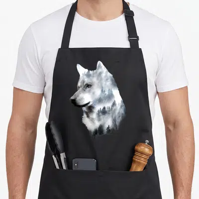Exposure double apron - Wolf head profile filled with misty pine trees in grey and dark green double exposure art — shown on a black cotton canvas apron against a white background