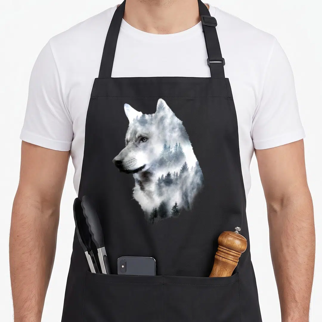 Exposure double apron - Wolf head profile filled with misty pine trees in grey and dark green double exposure art — shown on a black cotton canvas apron against a white background