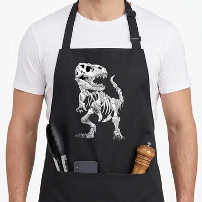 Rex skeleton apron - White and grey line art of a standing T-Rex skeleton with sharp claws on a grey background — shown on a black cotton canvas apron against a white background