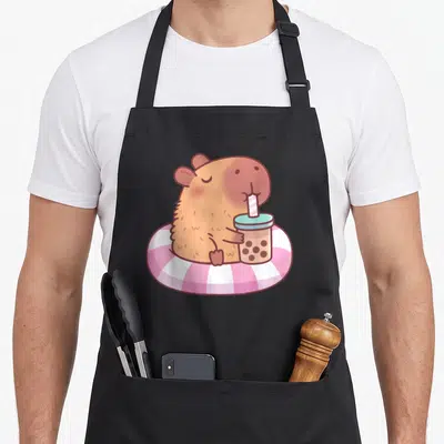 Pool anime apron - Brown capybara in pink white swim ring drinking bubble tea cartoon — shown on a black cotton canvas apron against a white background